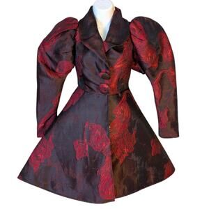 Vintage 80s Issabeau Girls Brocade Party Coat Dress Red Black Jacquard Fit Flare